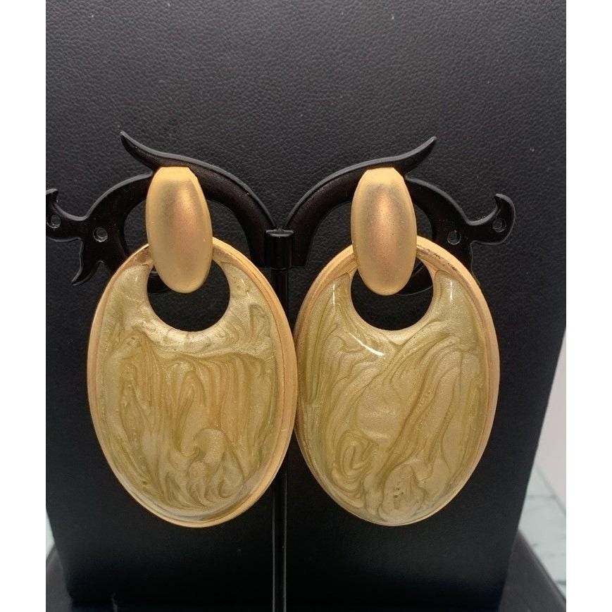 Vintage Large But Light 80s Matte Gold & Light Green Swirl Door Knocker Earrings